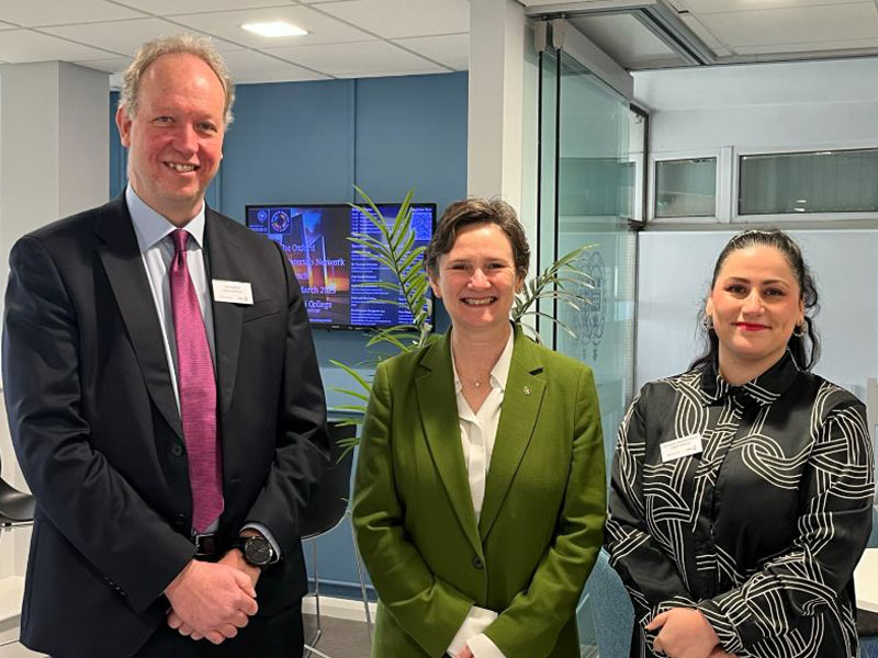 Vice-Chancellor Professor Irene Tracey (centre) with Professor Pete Nellist and Fernanda Haswell-Martin from the Department of Materials at the JEOL GrandARM300 ribbon-cutting ceremony